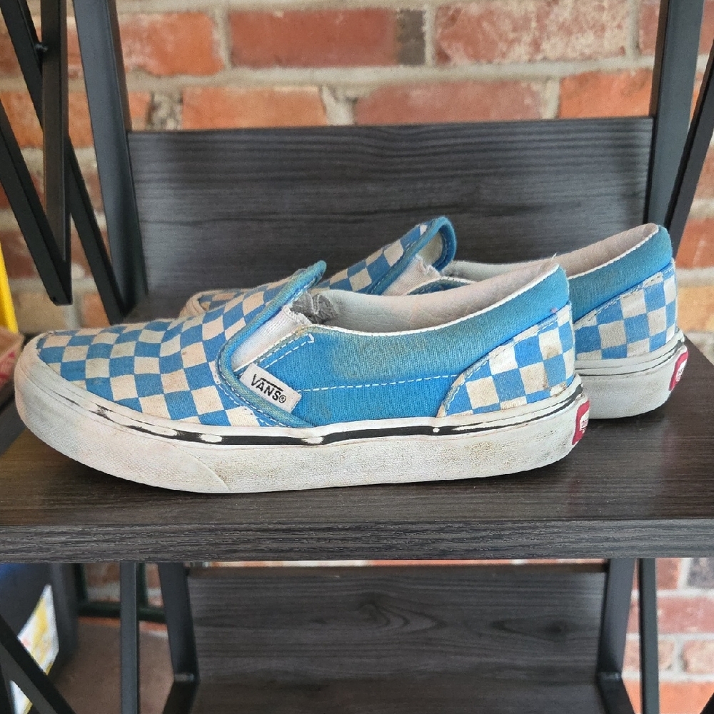 Boys Vans Blue and White Checkered Slip-Ons